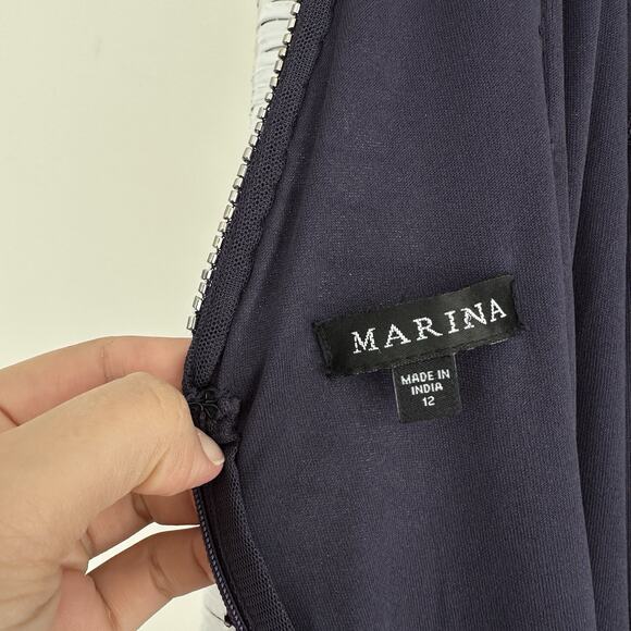 Marina Dress 12 Navy Sequin Rhinestone Maxi Floor Length Glam Gatsby Prom Gown - Picture 9 of 10